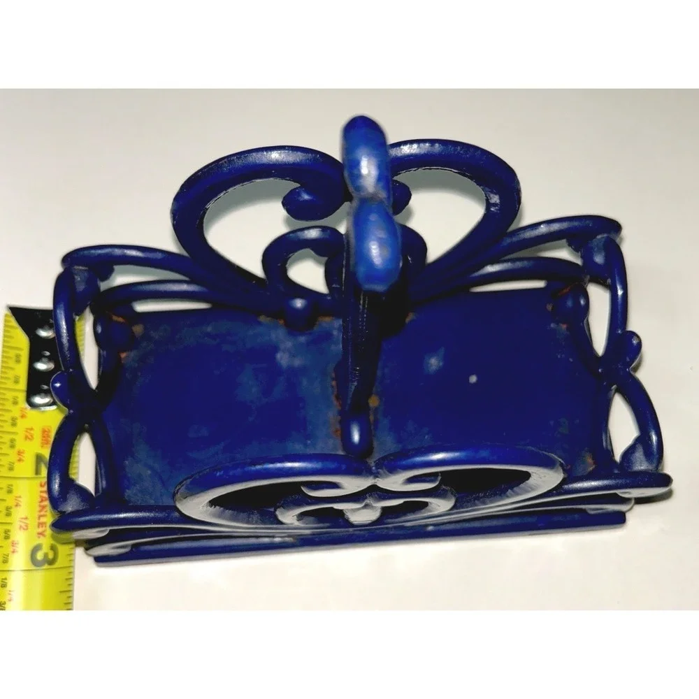 Cast Iron Enamel Napkin S&P Holder Cobalt Blue Scroll Country Farmhouse Cottage